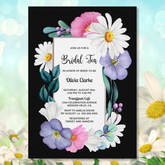 Invitación Floral rosa morada sobre té de novia negro (Subido por el creador)