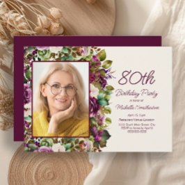 Invitación Floral rosa morado 80.ª foto de cumpleaños