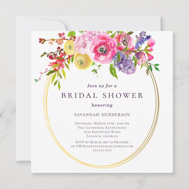 Invitación Floral rosa morado amarillo dorado Bouquet Briquet (Anverso)