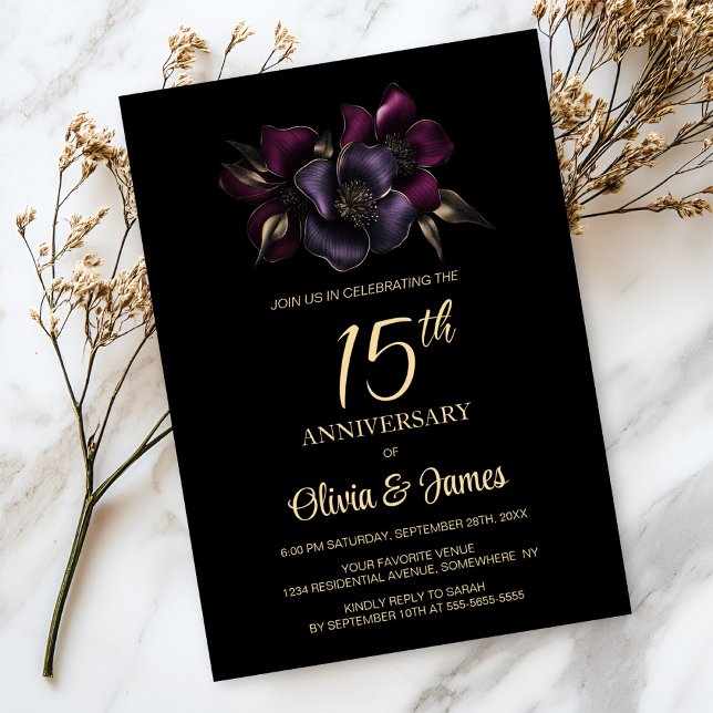Invitación Floral rosa morado negro 15° aniversario (Subido por el creador)
