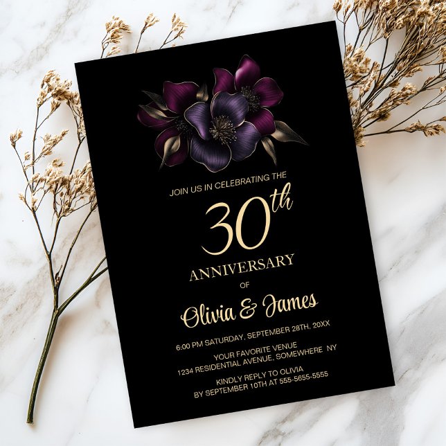 Invitación Floral rosa morado negro 30° aniversario (Subido por el creador)