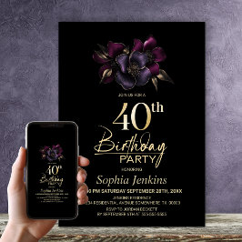 Invitación Floral rosa morado negro 40 Fiesta de cumpleaños