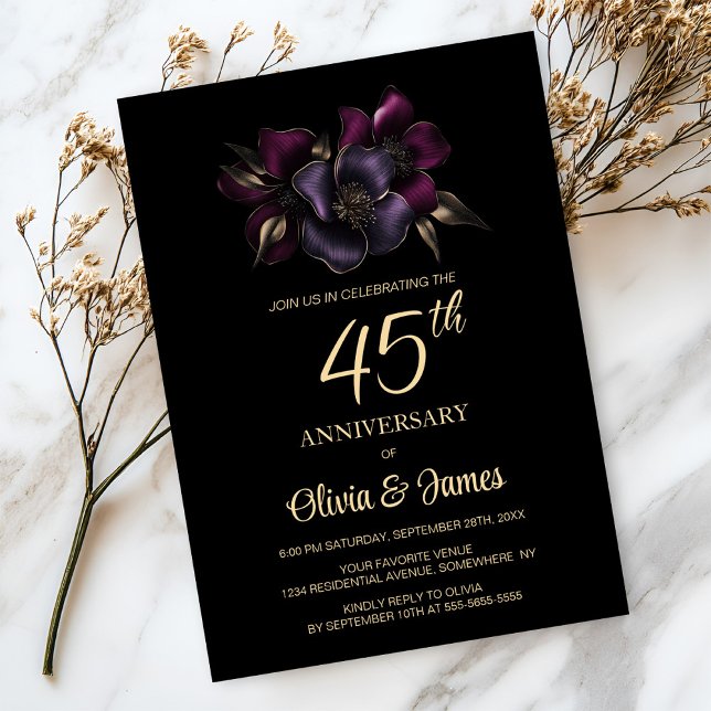 Invitación Floral rosa morado negro 45° aniversario (Subido por el creador)