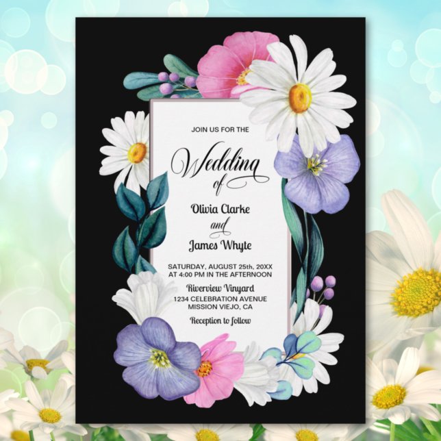 Invitación Floral rosa morado sobre Boda negro (Subido por el creador)