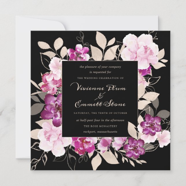 Invitación Floral rosa morado sobre fondo negro Boda (Anverso)