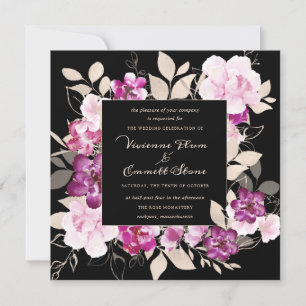 Invitación Floral rosa morado sobre fondo negro Boda
