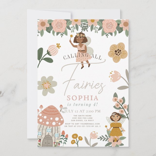 Invitación Floral rosa muda piel oscura Chica de hadas cumple (Anverso)