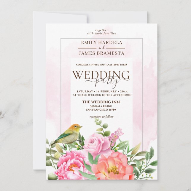 Invitación Floral Rosa naranja Con Boda De Acuarela De Pájaro (Anverso)