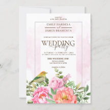 Floral Rosa naranja Con Boda De Acuarela De Pájaro
