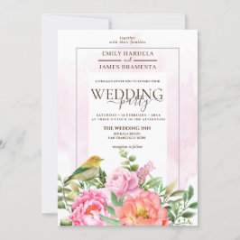 Invitación Floral Rosa naranja Con Boda De Acuarela De Pájaro