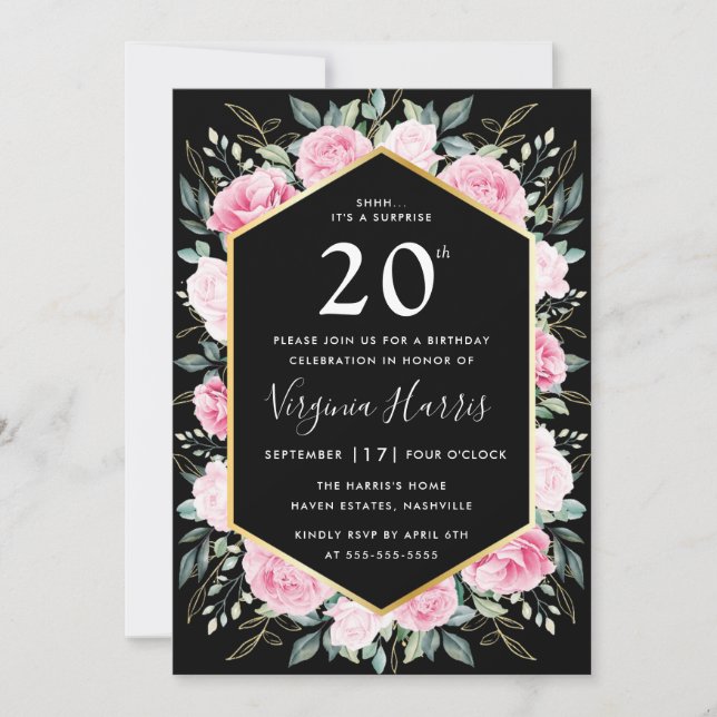 Invitación Floral Rosa Negra Veinte cumpleaños (Anverso)