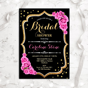 Invitación Floral rosa negro dorado ducha de novia