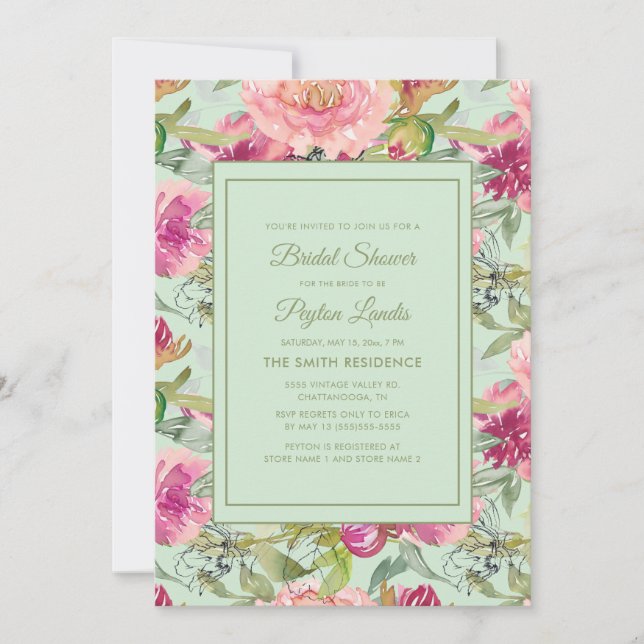 Invitación Floral rosa Neo Mint Green Bridal Shower (Anverso)