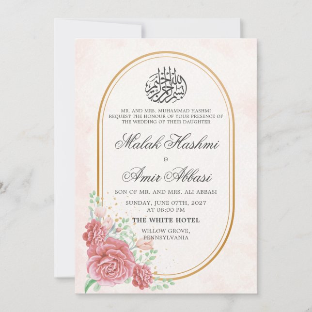 Invitación Floral rosa Nikah boda musulmana islámica (Anverso)