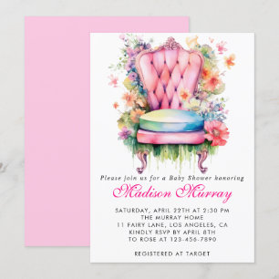 Invitación Floral Rosa Niña Silla de Flores Baño de Bebé