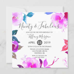 Invitación Floral rosa noventa y fabulosa fiesta de cumpleaño