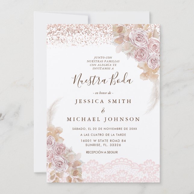 Invitación Floral rosa Nuestra Boda Boda española (Anverso)