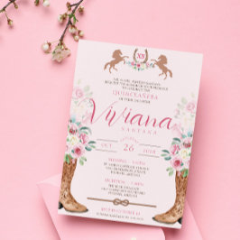 Invitación Floral rosa occidental boots Charro Quinceanera