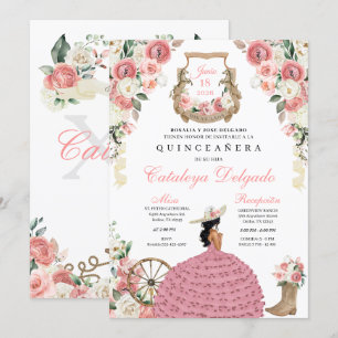 Invitación Floral rosa Occidental Mariachi Charro Quinceañera