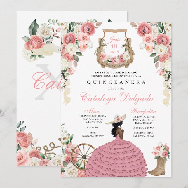 Invitación Floral rosa Occidental Mariachi Charro Quinceañera (Anverso / Reverso)