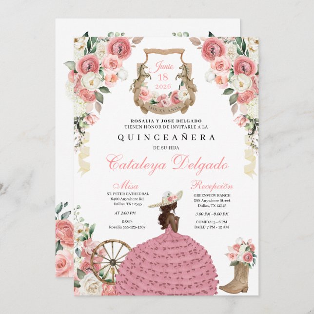 Invitación Floral rosa Occidental Mariachi Charro Quinceañera (Anverso / Reverso)