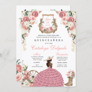 Invitación Floral rosa Occidental Mariachi Charro Quinceañera