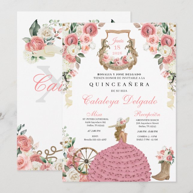 Invitación Floral rosa Occidental Mariachi Charro Quinceañera (Anverso / Reverso)