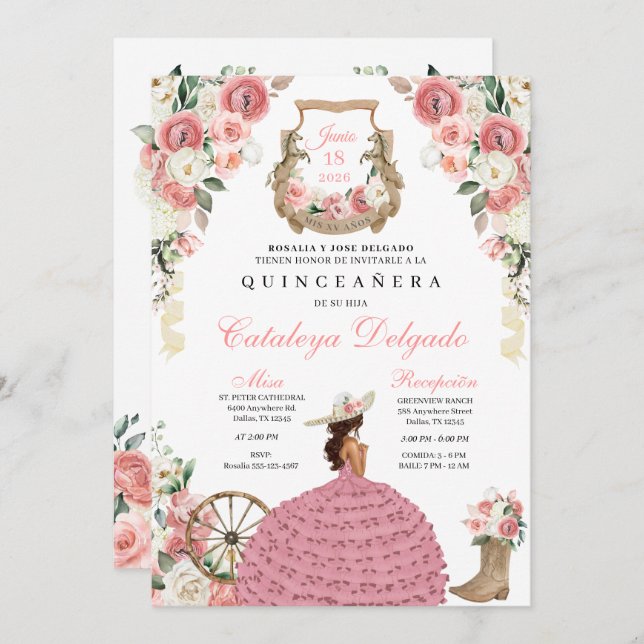 Invitación Floral rosa Occidental Mariachi Charro Quinceañera (Anverso / Reverso)