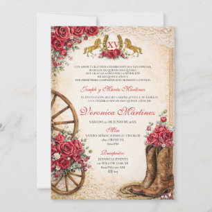 Invitación Floral Rosa Occidental Rústica Quinceañera Mexican