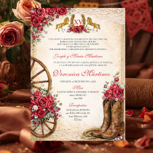 Invitación Floral Rosa Occidental Rústica Quinceañera Mexican