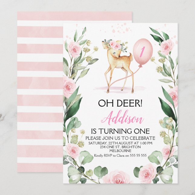 Invitación Floral rosa Oh ciervo cualquier cumpleaños de edad (Anverso / Reverso)
