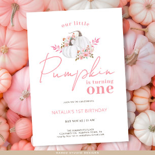 Invitación Floral rosa otoño calabaza primera cumpleaños