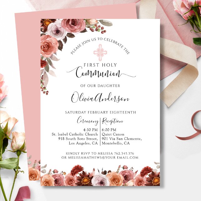 Invitación floral rosa pálido para primera comunió (Subido por el creador)