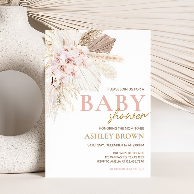 Invitación Floral rosa Pampas Boho Baby Shower (Girl Pampas Grass Baby Shower Invitation)