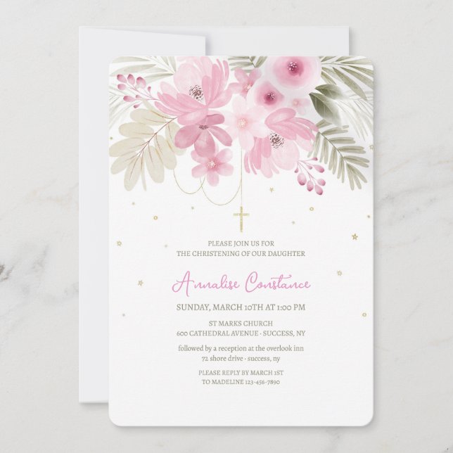 Invitación floral rosa para bautizo (Anverso)