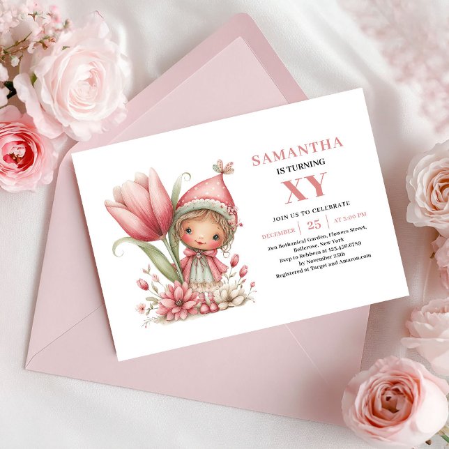 Invitación Floral Rosa para Cumpleaños número 4 de (Whimsy Fairy Girl 4th Birthday Floral Pink Invitation)
