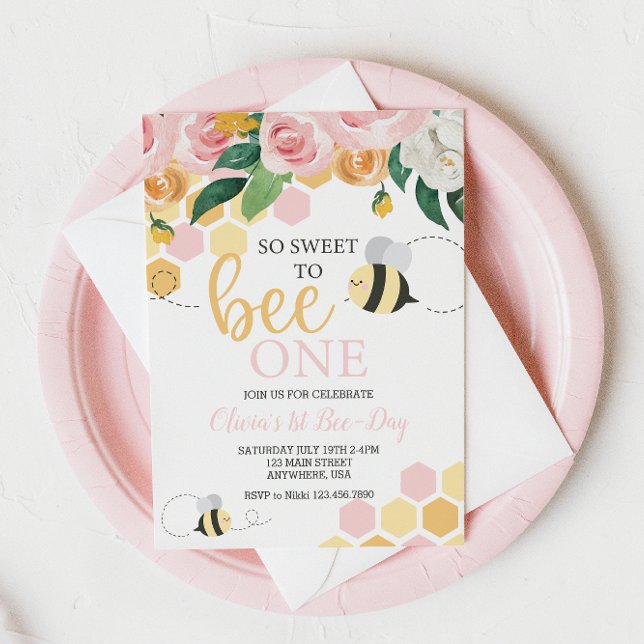 Invitación floral rosa para el 1er cumpleaños de a (Subido por el creador)