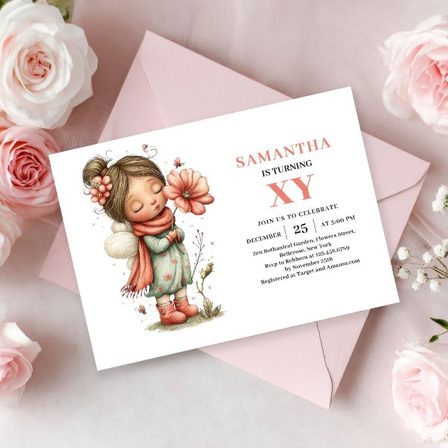 Invitación floral rosa para el 3er cumpleaños de M (Magical Fairy Girl 3rd Birthday Floral Pink invitation)