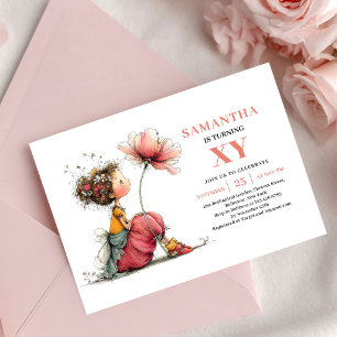 Invitación floral rosa para el 4to cumpleaños de S