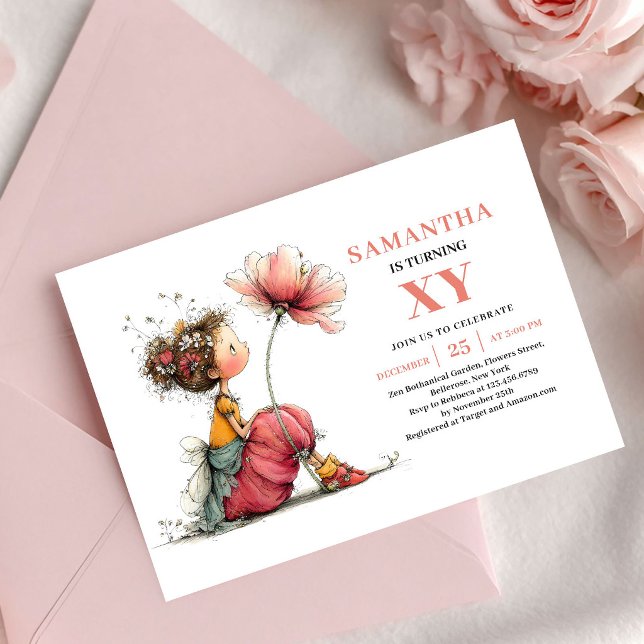 Invitación floral rosa para el 4to cumpleaños de S (Sweet Fairy Girl 4th Birthday Pink Floral invitation)