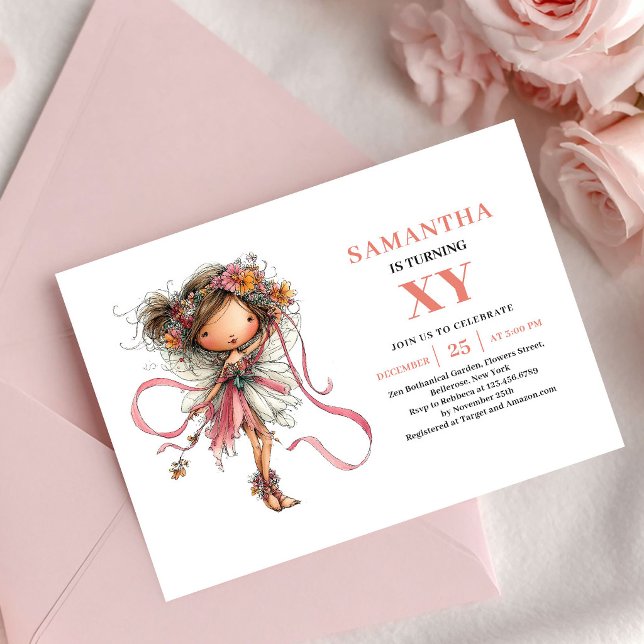 Invitación Floral Rosa para el 9º Cumpleaños de Wh (Whimsy Fairy Girl 9th Birthday Floral Pink invitation)