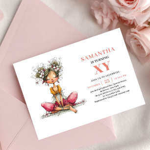 Invitación floral rosa para el cuarto cumpleaños d
