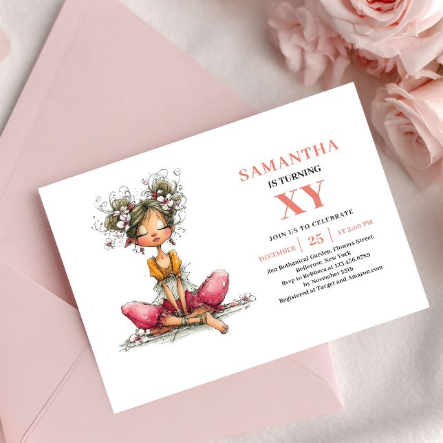 Invitación floral rosa para el cuarto cumpleaños d (Whimsy Fairy Girl 4th Birthday Pink Floral invitation)