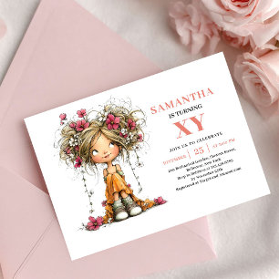 Invitación floral rosa para el cuarto cumpleaños d