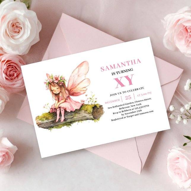 Invitación floral rosa para el quinto cumpleaños d (Cute Fairy Girl 5th Birthday Pink Floral invitation)