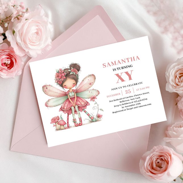 Invitación Floral Rosa para el Segundo Cumpleaños  (Cute Fairy Girl 2nd Birthday Pink Floral Invitation)