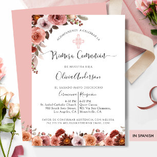 Invitación floral rosa para Primera Comunión españ