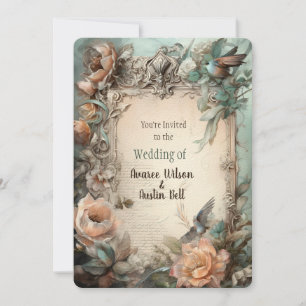 Invitación floral rosa pastel victoriana azul