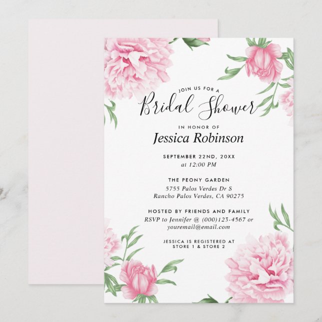 Invitación Floral Rosa Peony White Background Shower (Anverso / Reverso)