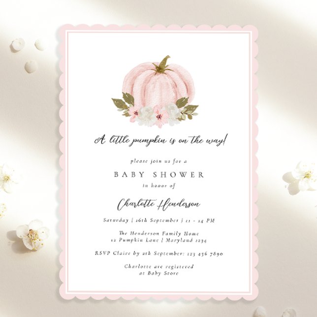 Invitación Floral rosa Pequeña Calabaza Baby Shower (Subido por el creador)